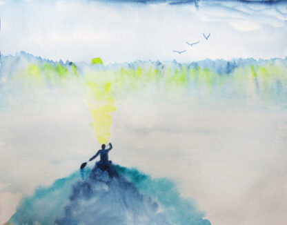 "Boater with Birds at Sunrise"  11" x 14".... 4-20-19  Watercolor on Paper