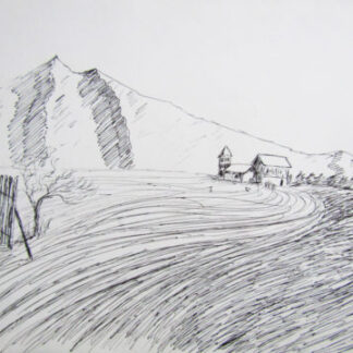 "Farmhouse and Mountains"   Pen & Ink   8" x 10"