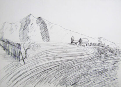 "Farmhouse and Mountains"   Pen & Ink   8" x 10"