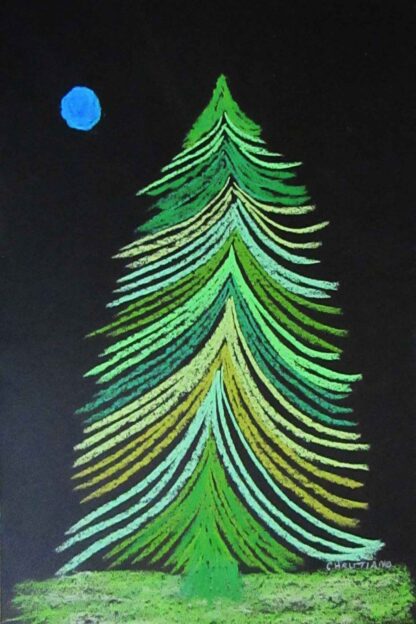 "Expressionistic Blue Moon & Green Tree"  - Pastel on Paper - 18" x 12"
