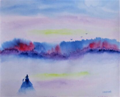 "Boater Heading Towards the Colorful Trees" - Watercolor on Paper - 11" x 14"