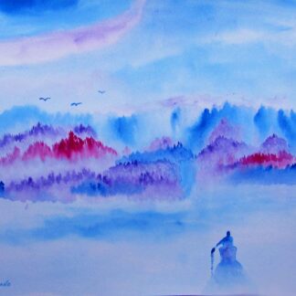 "Boater Heading Towards the Blue & Violet Trees" - WC on paper - 11" x 14"
