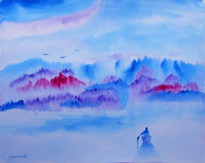 "Boater Heading Towards the Blue & Violet Trees" - WC on paper - 11" x 14"