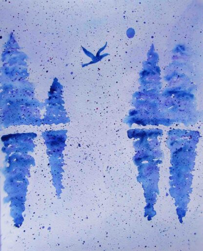 "Serene Landscape with Bird" - Watercolor on Paper - 14" x 11"