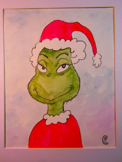 "Grinch in a Santa Hat"  watercolor on paper  - 10" x 8"