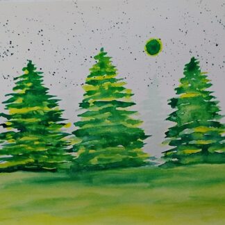 "Trees & Moon"  Watercolor painting in Gold Frame under glass  9" x 12"